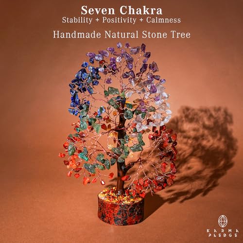 KARMAPLEDGE 7 Chakra Tree of Life for Manifestation Unique Birthday Gifts for Women, Men, Friends, Handmade Home Decor Healing Crystal Tree for Money, Good Luck, for Her, Mom & Dad - color: Wooden Base 7 Chakra Manifestation Tree Copper