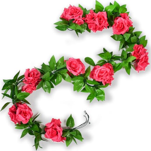 4Pcs Artificial Rose Vines Fake Flowers Garland with Green Leaves Faux Hanging Floral Plants for Home Bedroom Room Decor Aesthetic,Christmas Wedding Birthday Party Decoration (Magenta) - color: Magenta, size: 4Pcs-large rose