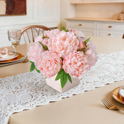 Artificial Hydrangea Flowers Arrangement in Wood Planter, 4PCS Fake Flowers in Wooden Vase Potted Floral Centerpieces for Tables Living Room Home Office Kitchen Decor (Light Pink Peony) - color: Light Pink Peony