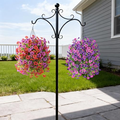 Artificial Hanging Baskets Outdoor, 4 Bundles Artificial Hanging Flowers Outdoors Spring Summer Decoration, No Fade Realistic Fake Hanging Baskets for Porch Patio Balcony Home Yard Decor - color: Red Purple