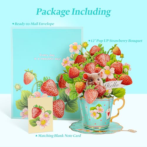 Airpark Pop Up Flower Bouquet Card for Women, 3D Floral Greeting Card with Envelope and Note, Birthday Thank You Thinking of You Get Well Gift for Mom Friend Wife Teacher, Strawberry - style: Strawberries