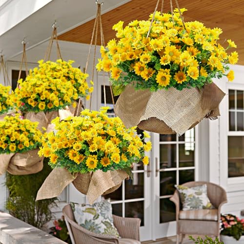 10pcs Outdoors Artificial Mum Flowers UV Resistant Daisy Fake Silk Chrysanthemum Greenery Faux Eucalyptus Plants for Spring Summer Garden Patio Window Box Planter Home Decor(Yellow) - color: Yellow