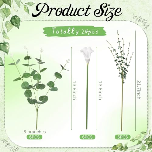 Suncalla 24 Pcs Artificial Calla Lily Flowers Bulk with Faux Eucalyptus Leaves Greenery Stems Jasmine White Calla Lilies Tulips Leaves Branches for DIY Bouquets Floral Arrangement Home Decor