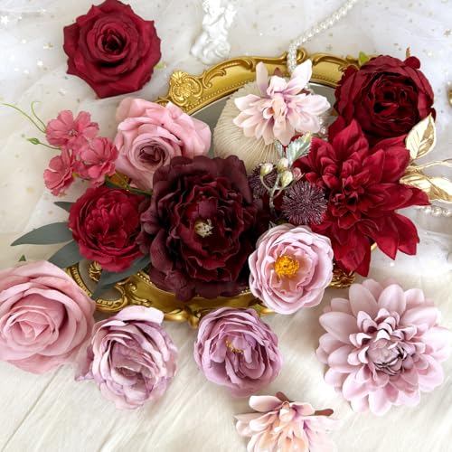 Burgundy Maroon Artificial Silk Flowers Mauve Roses Dark Red Peonies Combo Box DIY Wedding Bouquets Bridal Shower Cake Decor Gothic Centerpieces Fake Floral Arrangements Party Tables - color: Burgundy, Maroon