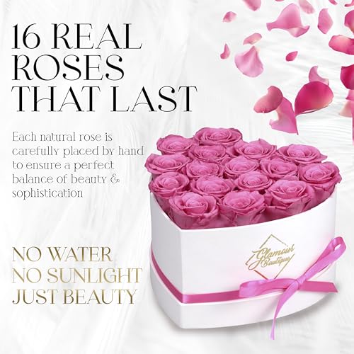 GLAMOUR BOUTIQUE Preserved Roses in a Box - Gifts for Her, Wife & Mom, Rose Flowers Forever Decor for Birthday Gift, Get Well Flower Bouquet Cased in White Box with Cover - Pink - 16 (Color-Treated) - color: Pink, size: 16 Roses Heart Box
