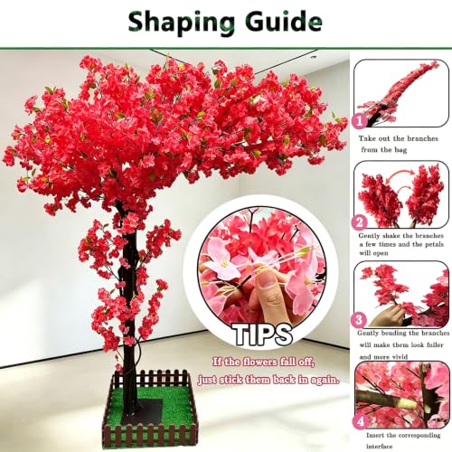Large 6.7FT Artificial Cherry Blossom Trees Red for Home Decor Indoor Outdoor,Japanese Fake Cherry Blossom Tree for Office Shopping Mall Hotel Restaurant Garden Party Wedding - color: Red, size: 6ft 7in