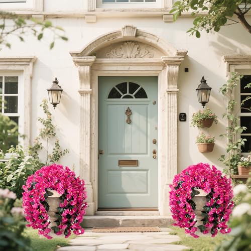 Artificial Flowers for Outdoors Fake Hot Pink Morning Glory Hanging Flower Decoration, 2Pcs Realistic Faux Plants Petunias Long Trailing Vines,Spring Decor for Porch Patio Balcony Planter Yard - color: Morning Glory - Hotpink