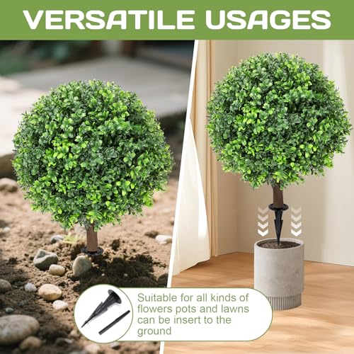 Artificial Boxwood Topiary Ball Tree 24" with Ground Spike, Set of 2 Artificial Boxwood Bushes for Faux Shrubs, Fake Evergreen Faux Plant for Indoor Outdoor Porch Garden- UV Resistant – Fade-Proof - color: Boxwood