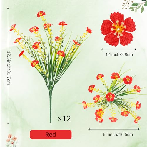 MACTING 12 Bundles Artificial Flowers for Outdoors UV Resistant Fake Flowers No Fade Plastic Outdoor Plants for Indoor Outside Planters Garden Porch Yard Window Home Summer Decorations,Red - color: Red, size: 12PCS