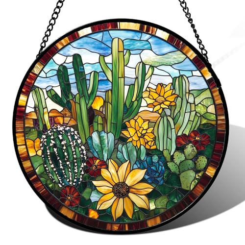 Stained Glass Window Hanging Green Cactus with Yellow Flowers Large 11.8" - Suncatcher Door Garden Sun Catcher Home Decor Birthday Christmas for Mom Men Woman Friend Nana - color: Yellow-green-blue, size: 11.8x11.8 IN