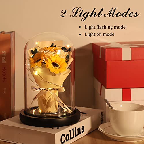 Rose Gifts for Mom,Flower Rose in Glass Dome with 2 Lighting Mode,Sunflower Gifts for Mother,Artificial Forever Flowers Xmas Birthday Gifts for Women Mom Wife Girlfriend Sister Friend - color: Yellow Rose