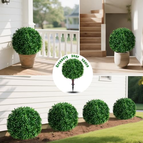 Yangrass Artificial Boxwood Topiary Ball Tree Set of 2, UV Resistant Artificial Outdoor Shrubs with Spike, Decorative Evergreen Fake Topiary Bushes Plant for Front Porch Garden - color: Boxwood