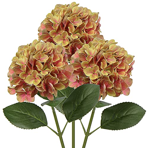 DILATATA Fake Hydrangeas Real Touch Hydrangea Flowers 26" Large Artificial Hydrangea Flowers Silk Hydrangea for Wedding Bouquet, Home, Party - color: Yellow Peach #3, size: 3PCS