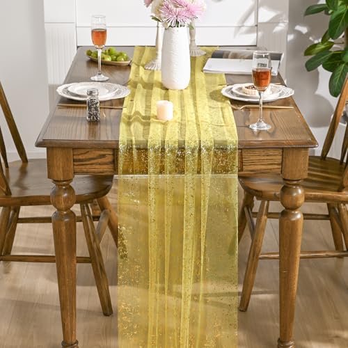 Artoid Mode Light Yellow Gold Gauze Table Runner 120 Inch 10FT, Glitter Metallic Foil Sheer Dining Wedding Anniversary Holiday Birthday Table Decor for Home Party - color: Yellow, size: 28" x 120"