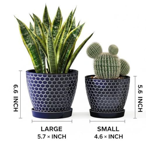 Docrin Blue Honeycomb Ceramic Plant Pot Set - 6.6"+5.5" Inch, Modern Decorative Planters with Drainage Holes & Saucers for Indoor/Outdoor Home Office - color: Blue