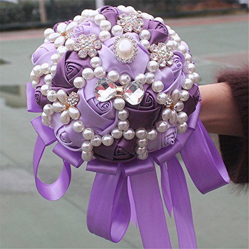 USIX Handcraft Popular Satin Rose Rhinestone Brooch Flower Pearl Bridal Holding Wedding Bouquet Wedding Flower Arrangements Bridesmaid Bouquet(Purple) - color: Purple