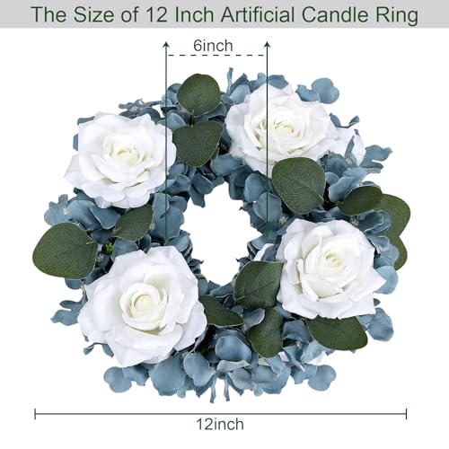 Artificial Flower Candle Rings - 6 Inch Inner Rose Floral Wreaths for Wedding Bridal Event Table Centerpieces Backdrop Decorations (Dusty Blue & White, 2 X Candle Rings) - color: Dusty Blue & White, size: 2 X Floral Wreaths