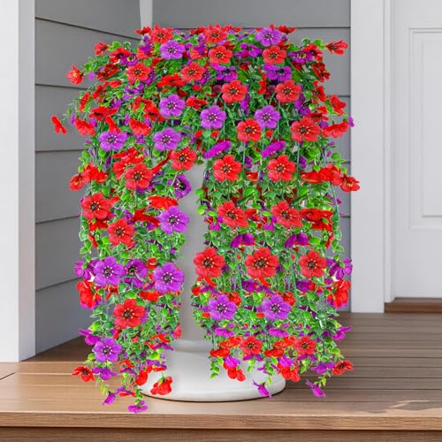 IDEVER Artificial Hanging Flowers for Outdoors Decor Silk Fake Hanging Plants No Fade Realistic Flowers for Garden Porch Balcony Ceiling Wedding Party Summer Spring Home Decor(4PCS Light Purple-Pink) - color: 4pcs Light Purple-pink