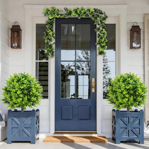 2 Pack 25" Artificial Eucalyptus Topiary Ball Trees for Outdoors, UV Resistant Faux Evergreen Shrubs with Ground Spikes, Fake Bush Ball Plants for Front Porch, Patio, Garden, Indoor Outdoor Decor - color: Eucalyptus