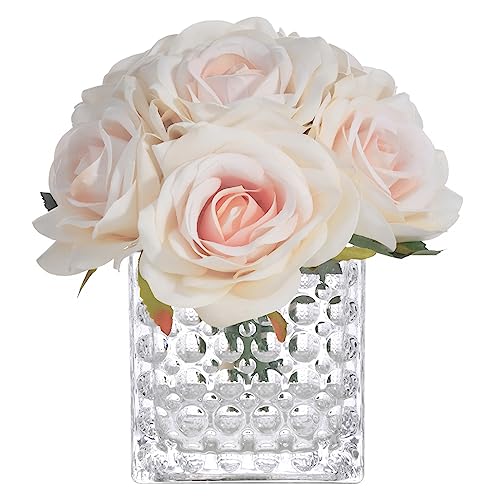 Fule Artificial Silk Rose Flower Centerpiece Arrangement in Glass Vase with LED Light for Home Wedding Decoration (Champagne) - color: Champagne