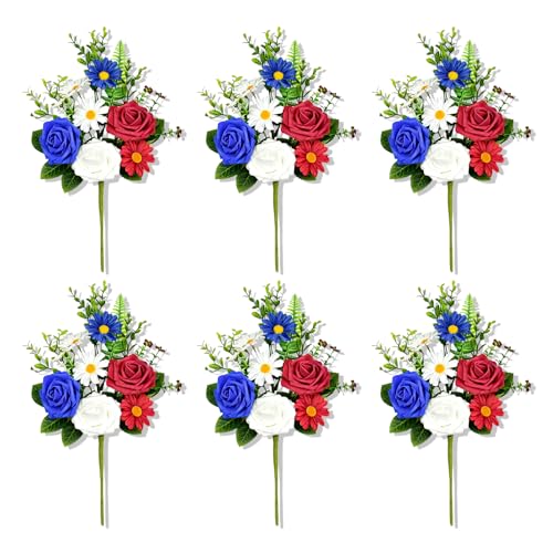 6 Pcs Artificial Patriotic Flowers 15.7 Inch Red White Blue Flowers Faux Bouquets Patriotic Branches for 4th of July Independence Day Memorial Grave Decorations USA Themed Table Centerpiece - color: Blue, White, Red