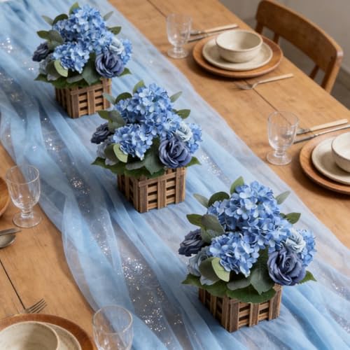 11.8’’ Tall Free Standing Artificial Flowers, 4Pcs Artificial Flowers Arrangement with Basket, Dusty Blue Rose Hydrangea Decorations for Wedding Archway Aisle Welcome Entrance Table - color: Dusty Blue