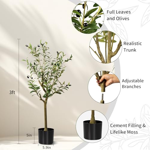 3FT Artificial Olive Tree, Indoor Faux Olive Tree Fake Potted Silk Olive Tree Plants with Lifelike Branches & Fruits for Home Office Decor - color: Olive Tree, size: 3ft