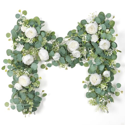 2 Pack 13FT Flower Garland, Artificial Rose Vine Fake Flower Garland Silk Rose Peony Hanging Vine Faux Floral Vine for Wedding Party Arch Table Wall Backdrop Decoration (White) - color: White, size: 2PCS