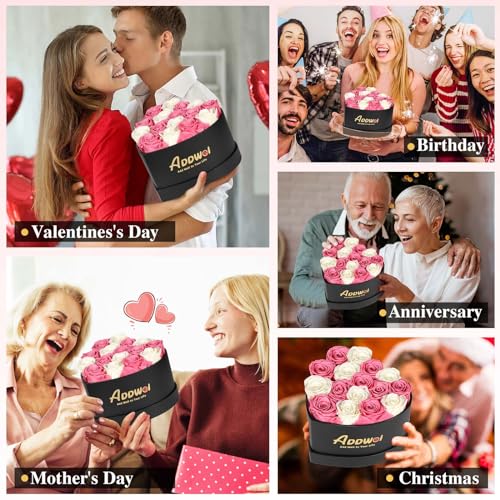 ADDWel Romantic Preserved Roses Bouquet for Her Anniversary, Birthday Flower Gifts for Women, 16-Pieces Eternal Roses with Natural Fragrance in Heart-Shape Box for Wife Girlfriend Mom - color: Pink & White