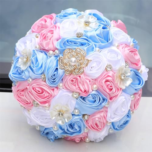 MaxxCloud 5.9‘’ Handmade Romantic Toss Bouquet for Bride Stunning Bridesmaid Brooch Wedding Bouquet with Jewelry Petals Blue Pink and White - color: Blue Pink+white, size: 5.9''/15cm