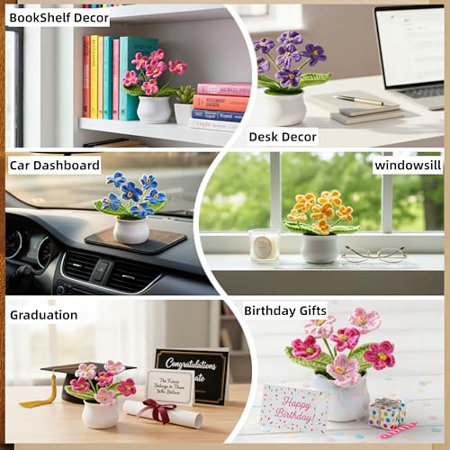 LAIDANLA Crochet Flowers Forget Me Not Gradient Blue Handmade Anniversary Graduation Appreciation Birthday Small Gifts for Women Crochet Flower Potted Plant for Desk Accessories - color: Ombre Blue