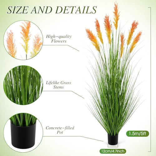 Thiccywoov 2 Pack 5 ft Tall Artificial Grass Plant Outdoor Faux Pampas Grass Potted Ornamental Plant UV Resistant Boho Fake Greenery Shrubs for Housewarming Patio Porch Entryway Balcony Indoor Decor - size: 5 ft