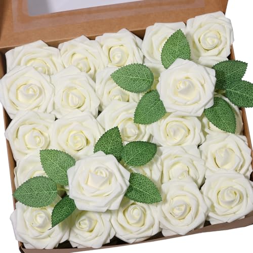 50pcs Artificial Flower，Real Touch Foam Roses w/Stem DIY for Wedding Bouquet Centerpieces Party Shower Home Decor-Ivory - color: Ivory