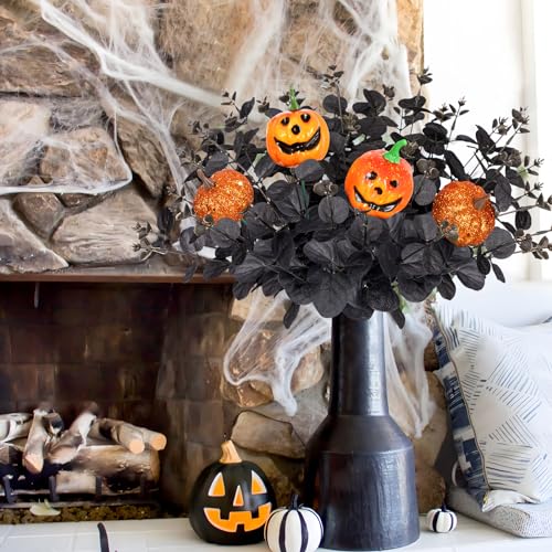 Yen Jean 12PCS Black Halloween Pumpkin Decorations Indoor Artificial Fake Flowers: Eucalyptus Branches Stems Table Centerpieces Decor - style: halloween with pumpkin