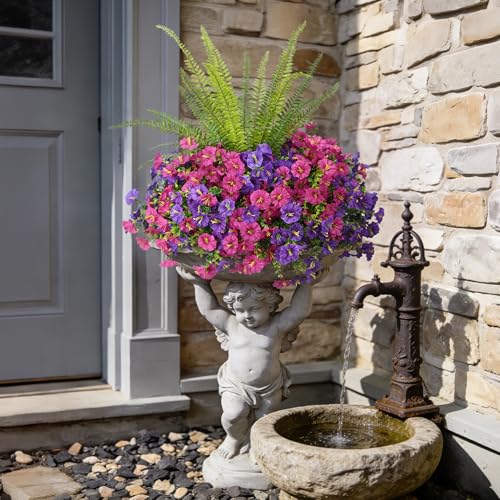 Hrobek Artificial Flowers for Outdoors Faux Plants Outside Indoor,UV Resistant Silk Fake Morning Glory Tall Ferns for Home Patio Garden Back Yard Front Porch Decor(13 Bunches,Dk. & Lt. Purple) - color: 3 Color Mixed (6 Purple,6 Light Purple,1 Tall Fern)