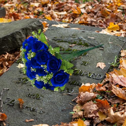 Cemetery Decorations for Grave-18 Blue Silk Memorial Artificial Rose Flower for Headstones Graveyard Graveside Grave Vase Funeral Decorations - color: Blue