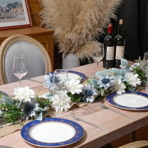 Giegxin 1 Pack 6 ft Artificial Flower Garland with Dahlias and Eucalyptus Blue White Flower Fake Wisteria Vines Summer Greenery Garland for Wedding Mantle Porch Stair Table Indoor Decor - style: Dahlias