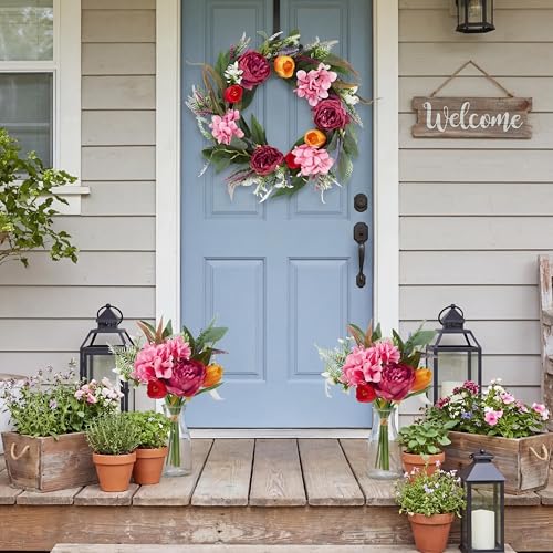 Garvee Spring Wreaths for Front Door Set, 18" Artificial Spring Summer Wreath with 2 Matching Flower Bouquets, Peony Tulip Hydrangea Floral Wreath, Farmhouse Front Door Decor for Indoor Outdoor