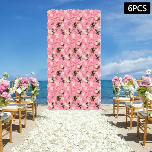 Set of 6 Artificial Flower Wall Panels, 3D Silk Rose & Dahlia Outdoor Decor, Waterproof Garden Wall Flowers for Balcony Fence, Patio, Wedding Backdrop (Dark Pink) - color: Dark Pink