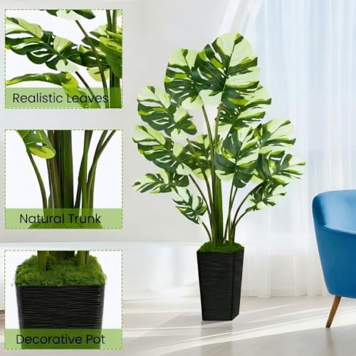 UPBUD Artificial Monstera Deliciosa Plant, 5FT Fake Tree with Real Touch Leaves & Black Square Planter, 60in Tall Faux Plants Floor Trees for Indoor Outdoor Home Living Room Office Decor - color: White Leaves Black Planter