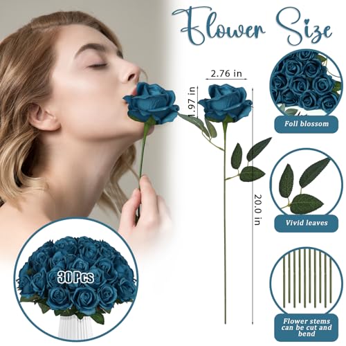 30pcs Fake Roses Artificial Silk Flowers Long Stems Bouquet for Wedding Bridal Shower Party Home Decoration (Teal) - color: Teal
