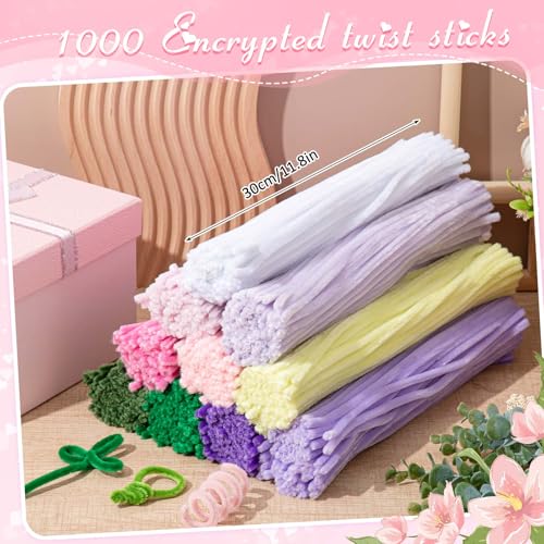 Peryiter 1402 Pcs Pipe Cleaners Flowers Set 1000 Pcs 10 Colored 12 Inch Chenille Stems for Tulip Bouquet Making Art DIY Craft Projects Creative Gift Party Wedding Decorations(Pink & Purple Flower) - color: Pink & Purple Flower