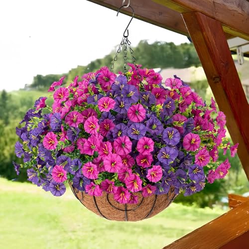 Artificial Fake Hanging Flowers Plants Baskets for Outdoors Spring Summer Decoration, UV Resistant Faux Silk Morning Glory in Planter Realistic for Outside Porch Patio Balcony Garden Yard Home Decor - color: B Purplefuchsia