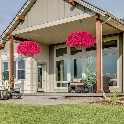 Artificial Fake Hanging Flowers Plants Basket for Outdoors Spring Summer Decoration, Faux Silk Bougainvillea Flowers in Planter UV Resistant Realistic for Outside Porch Patio Garden Yard Home, Hotpink - color: Hotpink