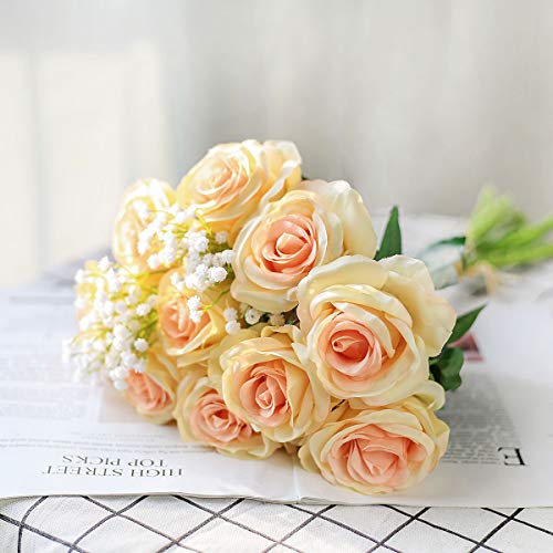 Tifuly Champagne Roses Artificial Flowers - 12 pcs Realistic Single Long Stem Fake Silk Roses Bouquet for Party Home Wedding Centerpiece Office DIY Decor - color: Gradient Champagne