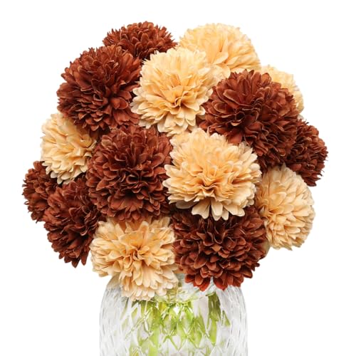 20Pcs Champagne Coffee Artificial Chrysanthemum Ball Hydrangea Silk Fake Flowers for Bridal Wedding Bouquet Home Garden Party Decor - color: Champagne Coffee，20pcs