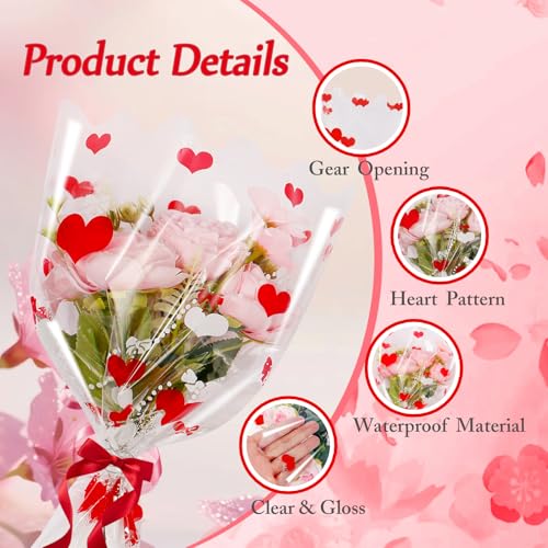 XABMU Red Heart Flower Bouquet Bags, 100 Pack Clear Floral Wrapping Sleeves, for Valentine's Day, Wedding, Mother’s Day Gifting & Florist Supplies - color: Clear-Red Heart, size: 1 count (Pack of 100)