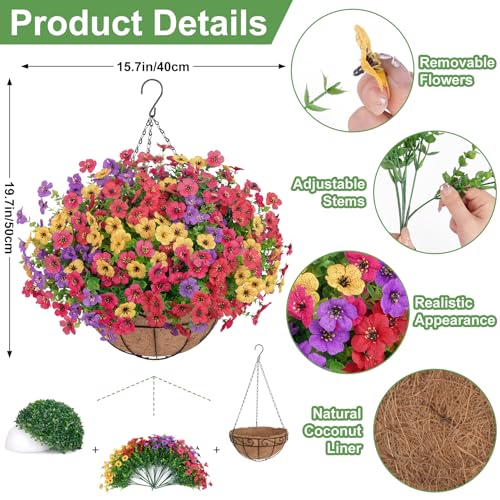 Artificial Hanging Flowers for Outdoors, UV Resistant Silk Flowers Basket Mixed Color Faux Daisy with Eucalyptus Leaves Hanging Fake Plants for Porch Balcony Patio Home Spring Summer Decoration - color: Mixed Color-1