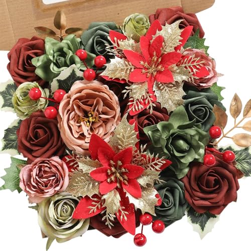 Artificial Christmas Flowers Set with Poinsettia, Fake Roses, Greenery Leaves & Stems for DIY Christmas Decor - Wreath, Tree Ornaments, Wedding Bouquets, Centerpieces, Home Floral Arrangement - color: Christmas Red