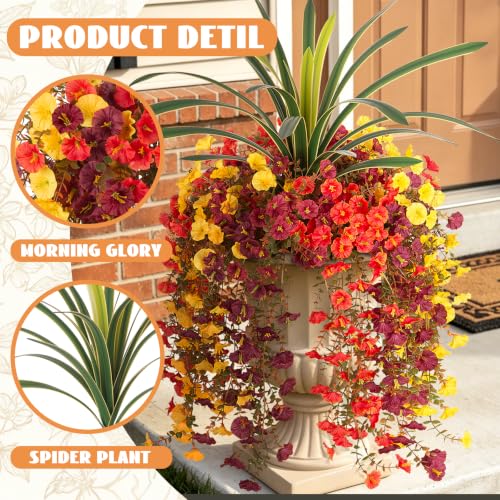 8 PCS Fall Artificial Morning Glory Flowers for Outdoors+Ochid Fake plants | UV Resistant Weatherproof for Indoor Outdoor Garden Patio Window Box Home Decor - color: Orange Brown Yellow Yellow-edged Leaf